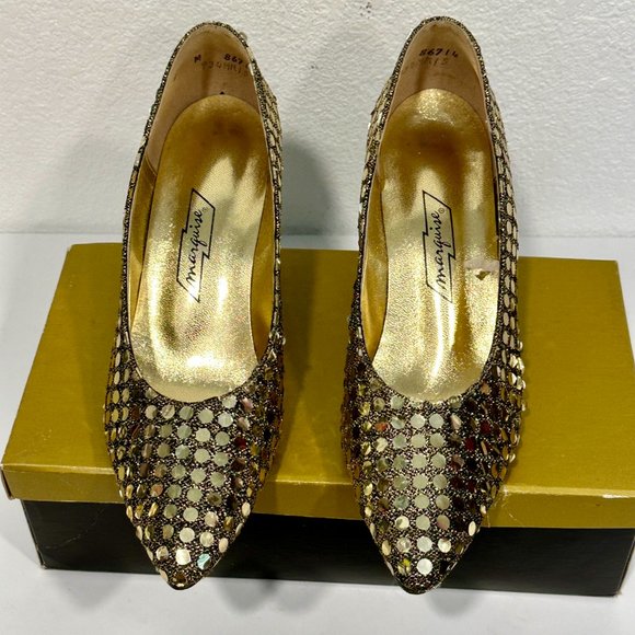 Vintage 70s Marquise Heels Black with Gold Sequins Formal Pumps Womens Size 9 M - Picture 2 of 8